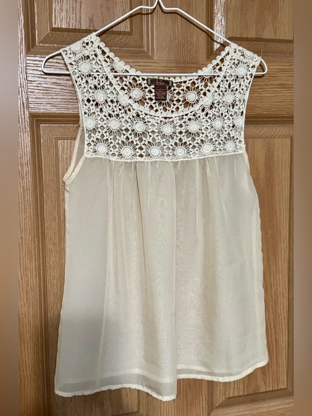 dm bm Crochet Yoke Sheer Sleeveless Top - Cream Large